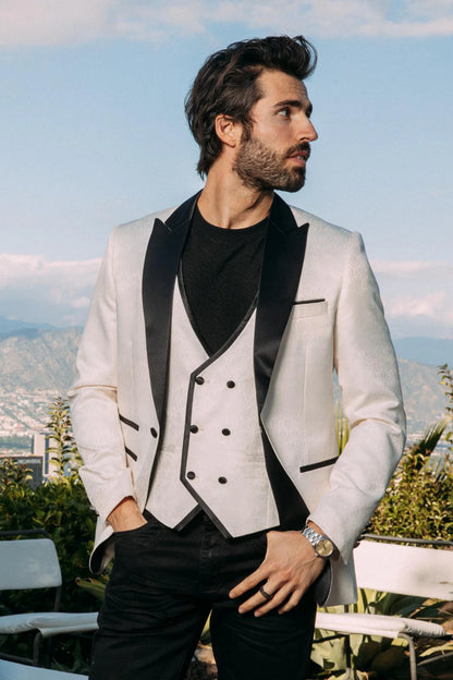 Platini Men’s Black Jacquard Blazer and Matching Vest cream an black BLV11322