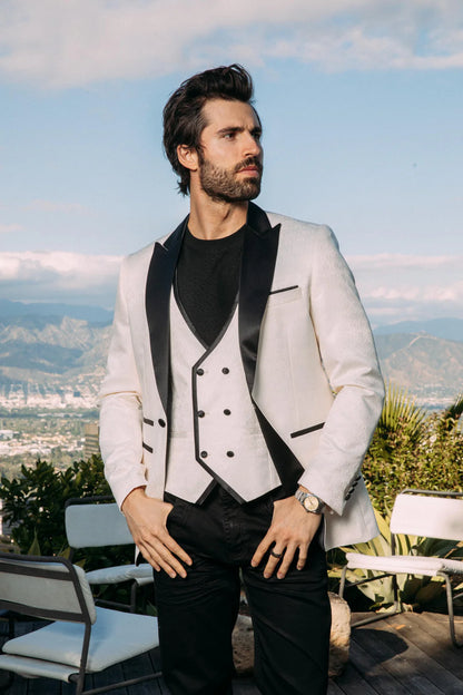 Platini Men’s Black Jacquard Blazer and Matching Vest cream an black BLV11322