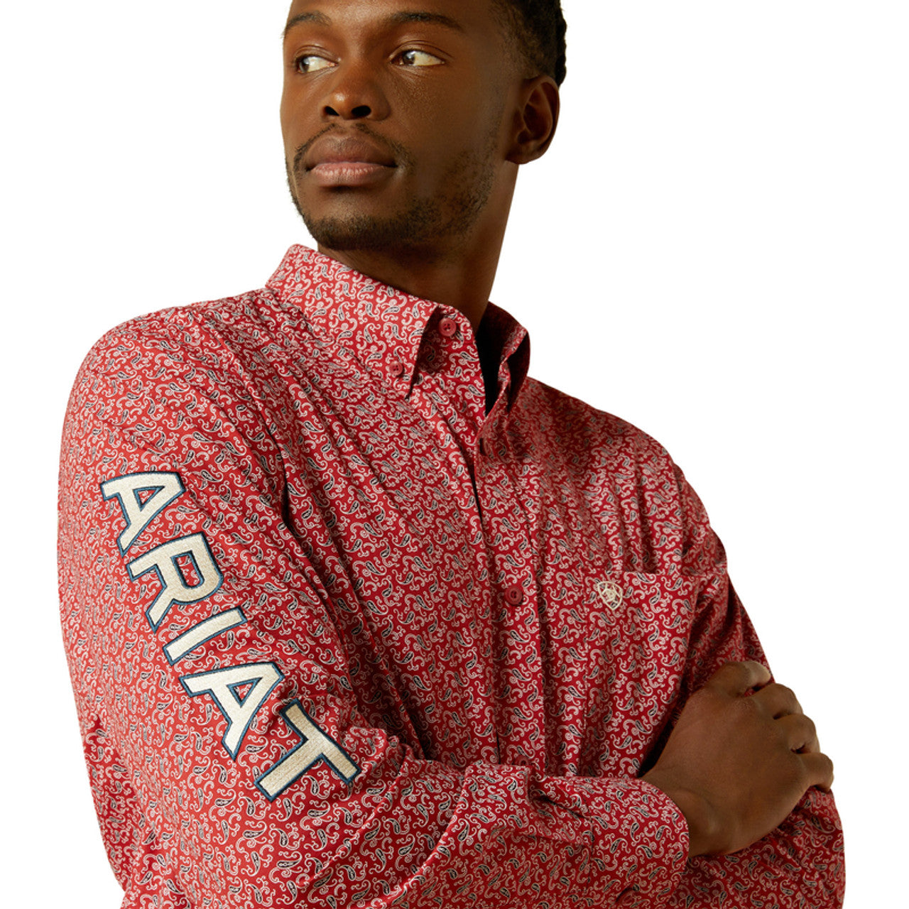 Ariat Mens Perl Fitted Red Beige Ls Shirt