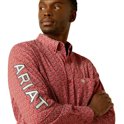 Ariat Mens Perl Fitted Red Beige Ls Shirt