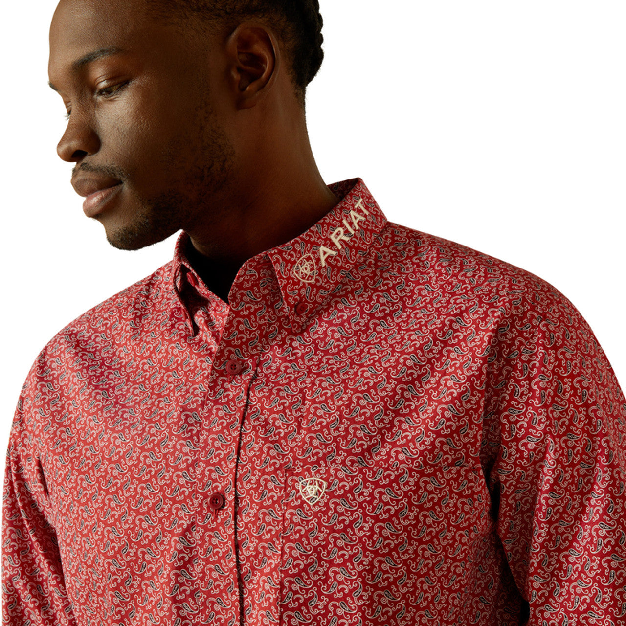 Ariat Mens Perl Fitted Red Beige Ls Shirt