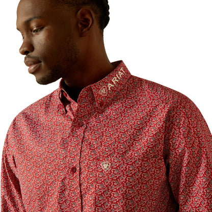 Ariat Mens Perl Fitted Red Beige Ls Shirt