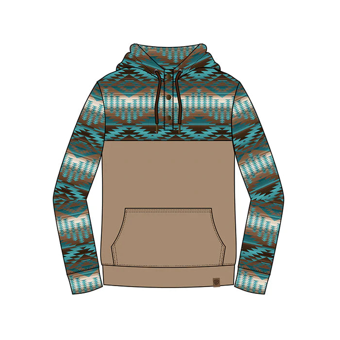 Rock & Roll Denim Men's Aztec Color-Block Graphic Tan Henley Hoodie