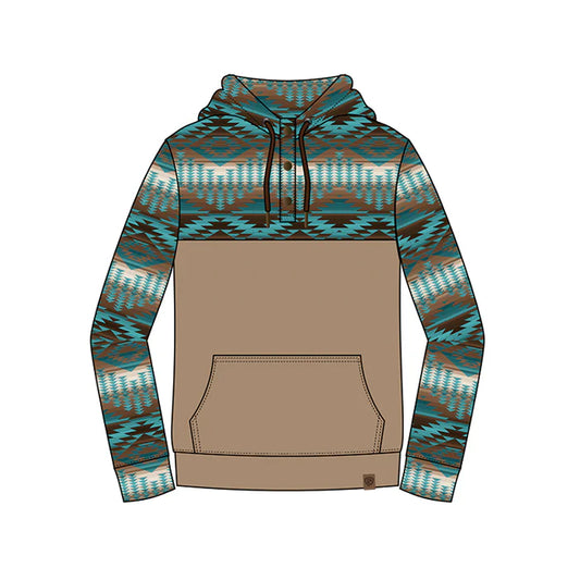 Rock & Roll Denim Men's Aztec Color-Block Graphic Tan Henley Hoodie