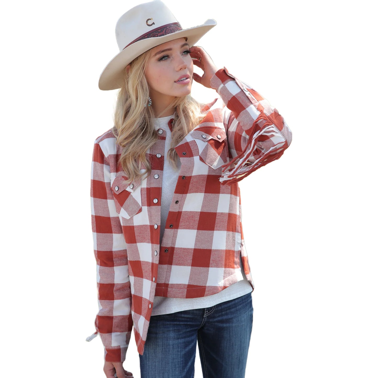 Cruel Denim Ladies Orange Fringe Plaid Shirt Jacket