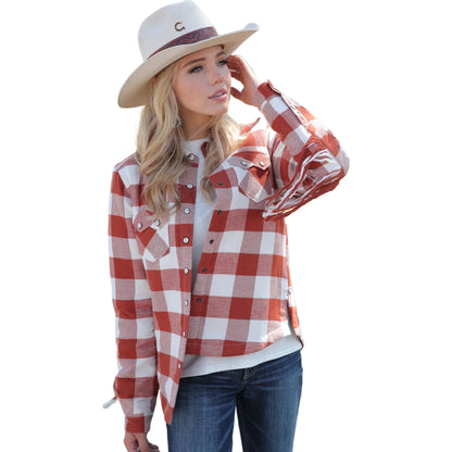 Cruel Denim Ladies Orange Fringe Plaid Shirt Jacket