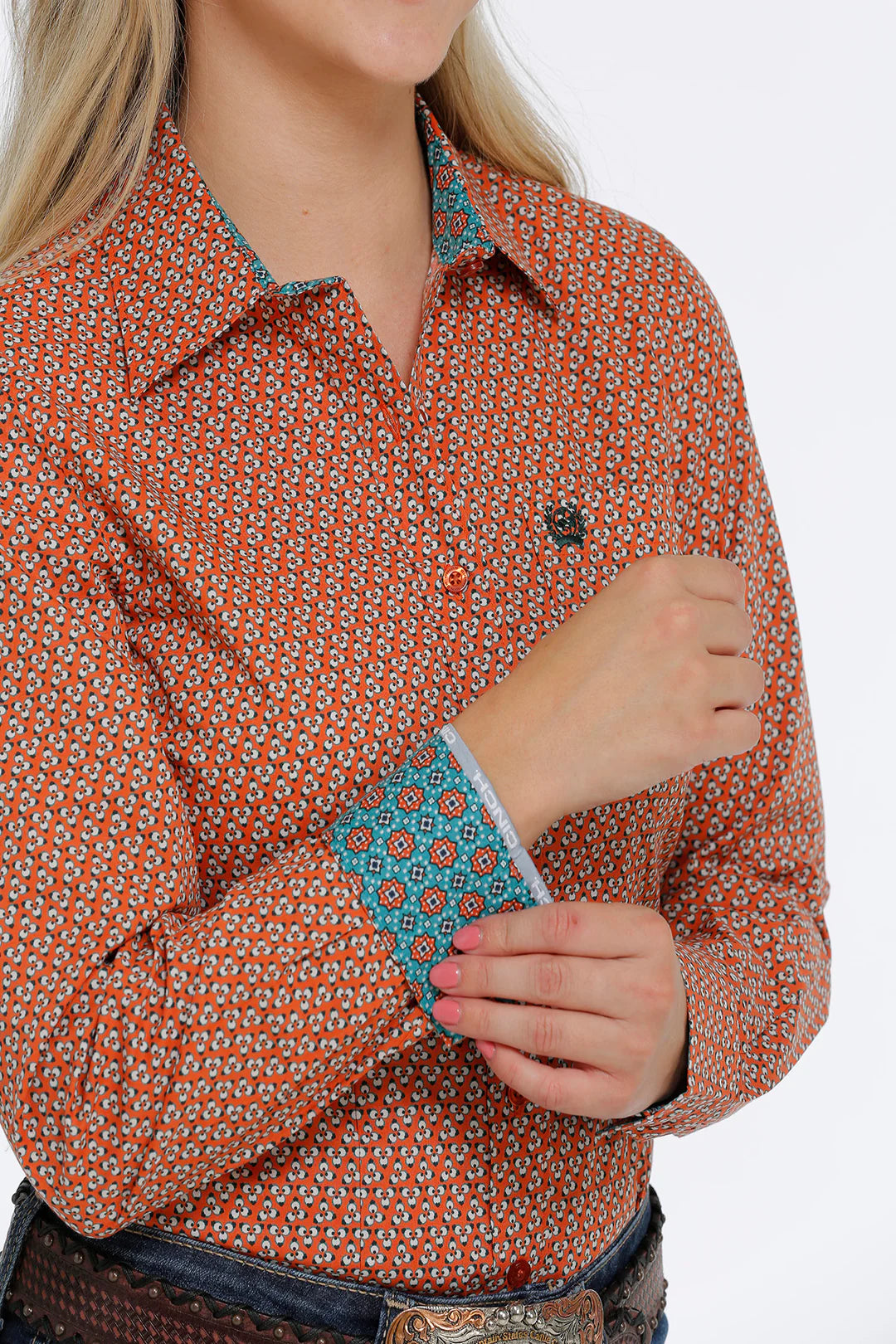 Cinch Women's Orange Geo Print Long Sleeve Western Shirt