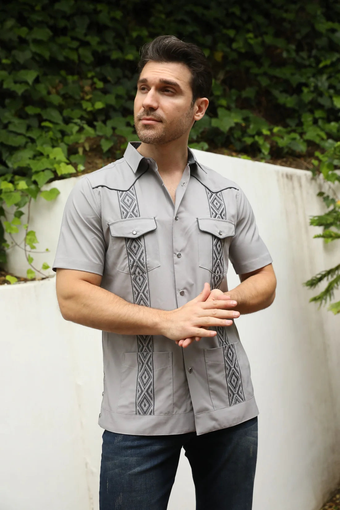 Platini Men’s Modern Gray Guayabera Shirt GUS9343