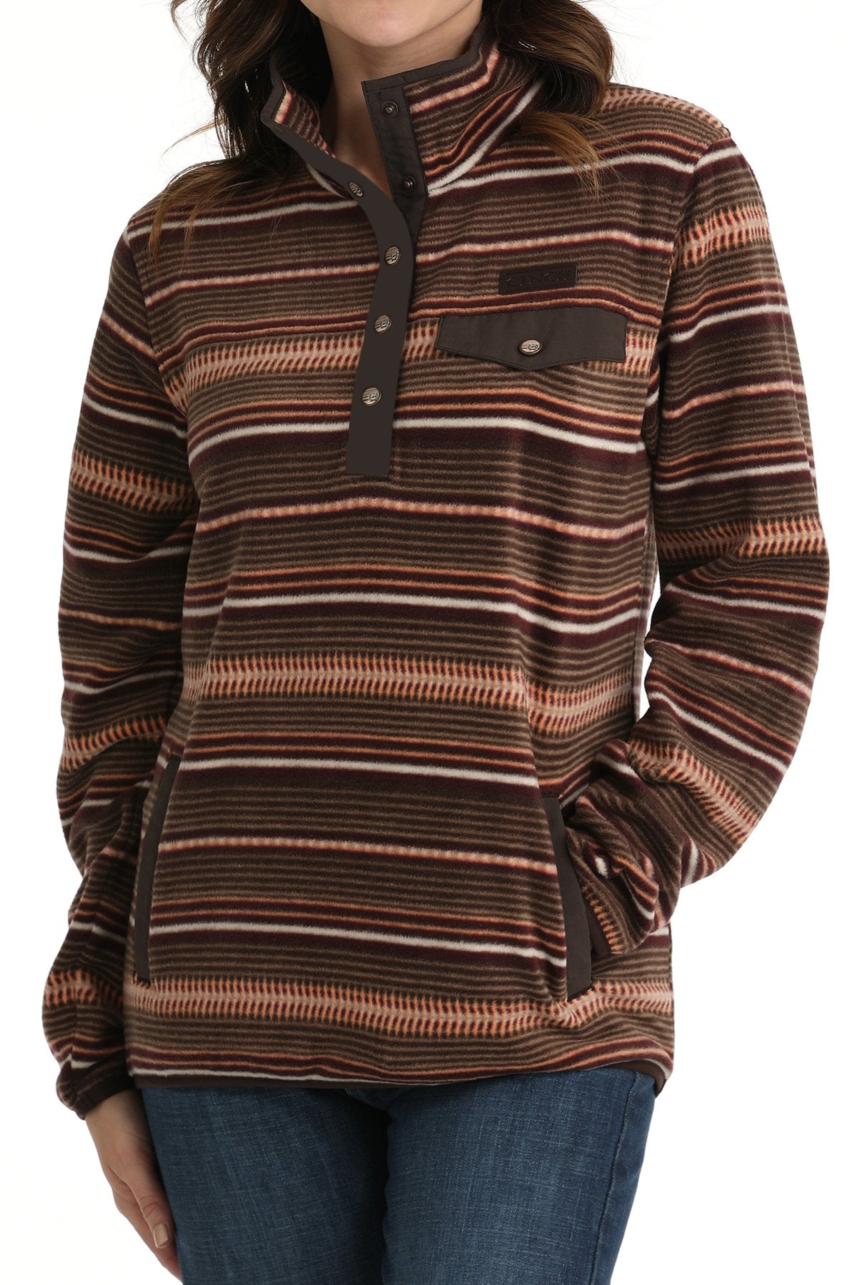 CINCH WOMEN'S STRIPED FLEECE PULLOVER - BROWN/CORAL