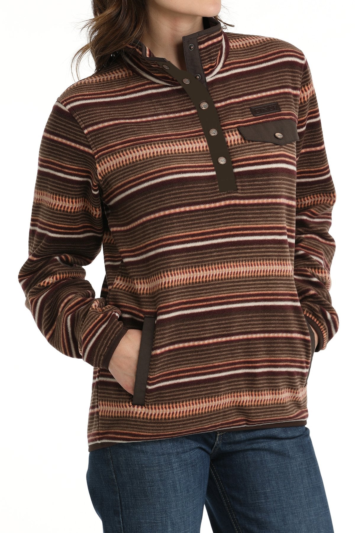 CINCH WOMEN'S STRIPED FLEECE PULLOVER - BROWN/CORAL
