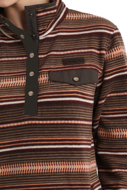 CINCH WOMEN'S STRIPED FLEECE PULLOVER - BROWN/CORAL