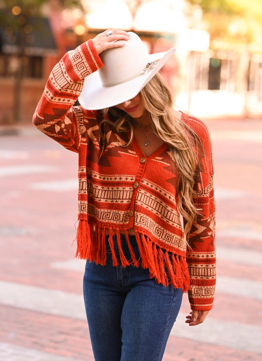 ROCK&ROLL AZTEC FRINGE STEER SKULL CARDIGAN SWEATER