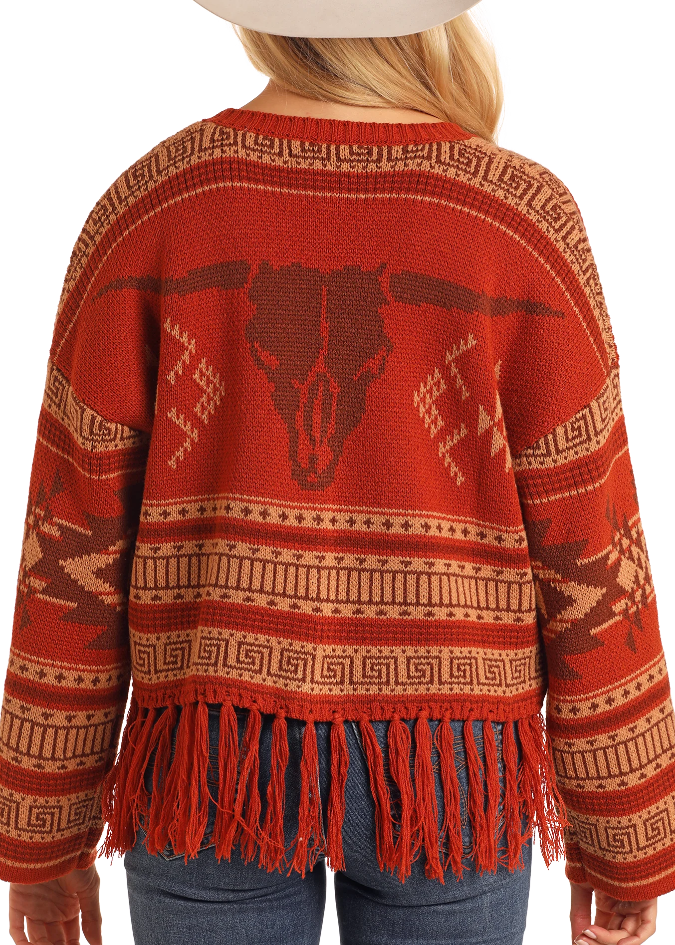 ROCK&ROLL AZTEC FRINGE STEER SKULL CARDIGAN SWEATER