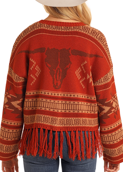 ROCK&ROLL AZTEC FRINGE STEER SKULL CARDIGAN SWEATER