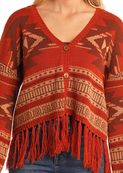 ROCK&ROLL AZTEC FRINGE STEER SKULL CARDIGAN SWEATER