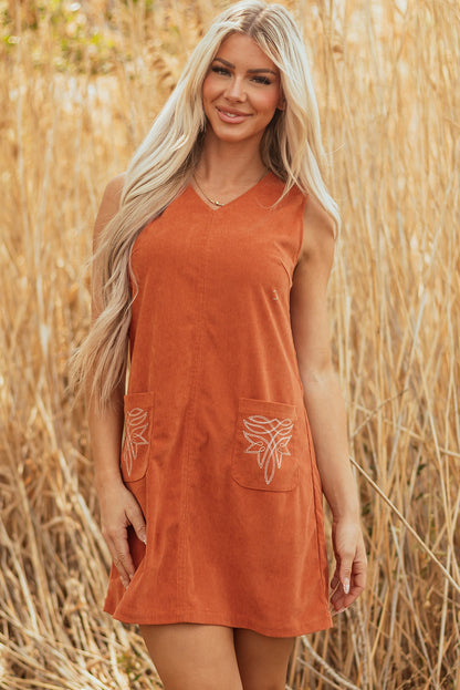 Dear Love Gold Flame Corduroy Embroidered Patched Pocket Shift Sl Dress