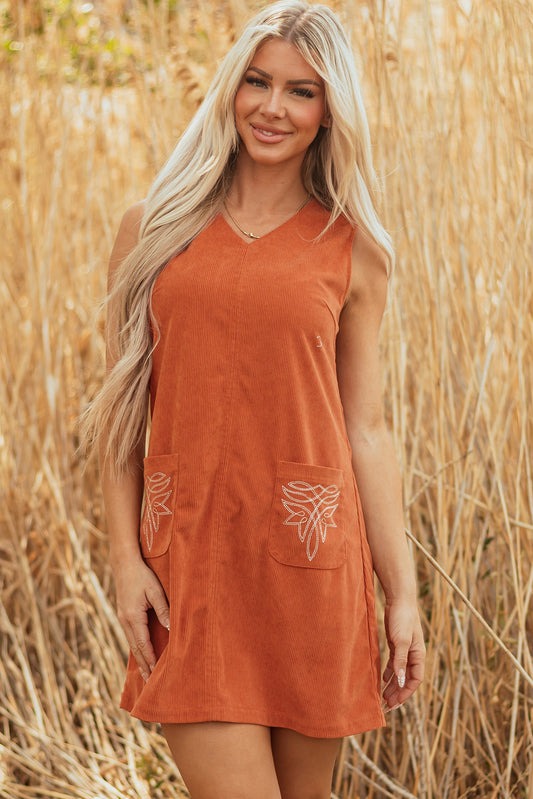 Dear Love Gold Flame Corduroy Embroidered Patched Pocket Shift Sl Dress