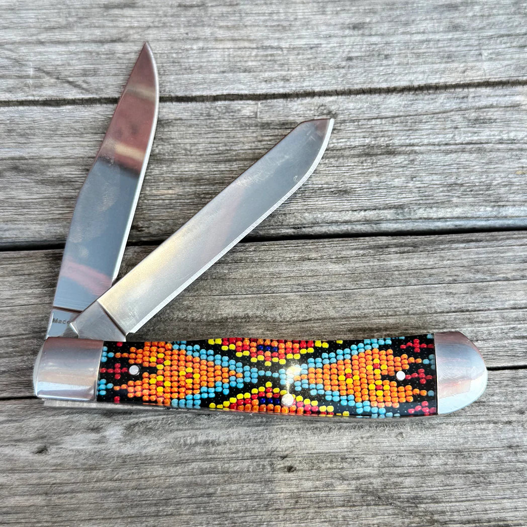 Circle SH Orange/Blue Beaded Trapper Knife AP103
