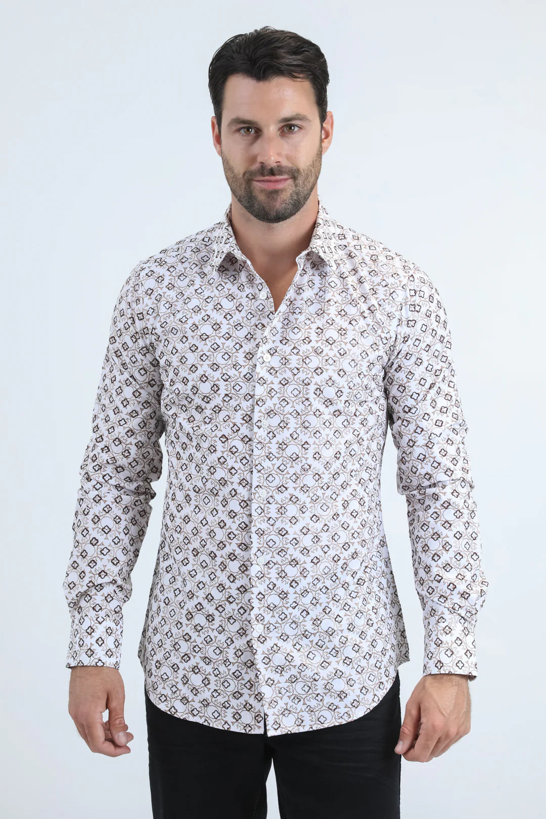 Platini Men's Flocked Modern Fit Spandex White Shirt MFL11171