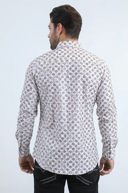 Platini Men's Flocked Modern Fit Spandex White Shirt MFL11171