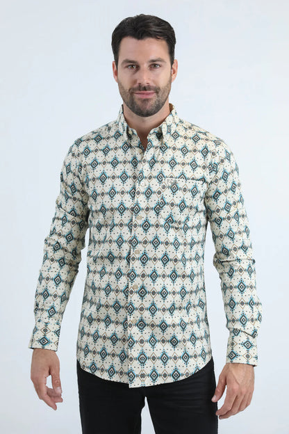 Platini Mens Satin Cotton/Spandex Modern Fit Long Sleeve Beige Shirt CWL11062