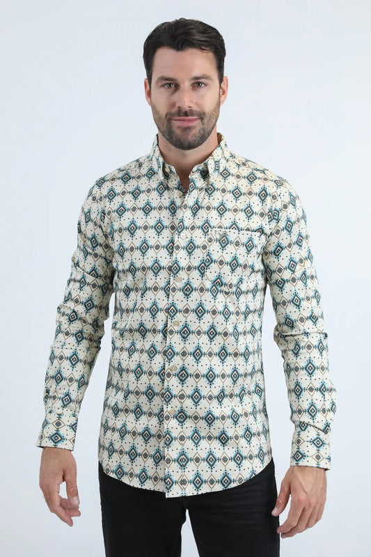 Platini Mens Satin Cotton/Spandex Modern Fit Long Sleeve Beige Shirt CWL11062