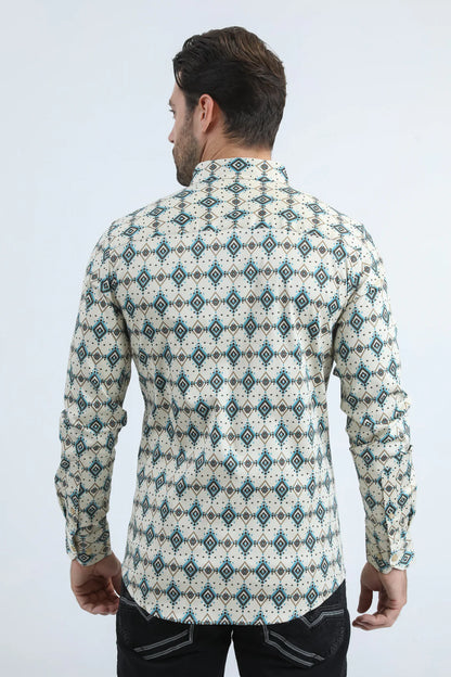 Platini Mens Satin Cotton/Spandex Modern Fit Long Sleeve Beige Shirt CWL11062