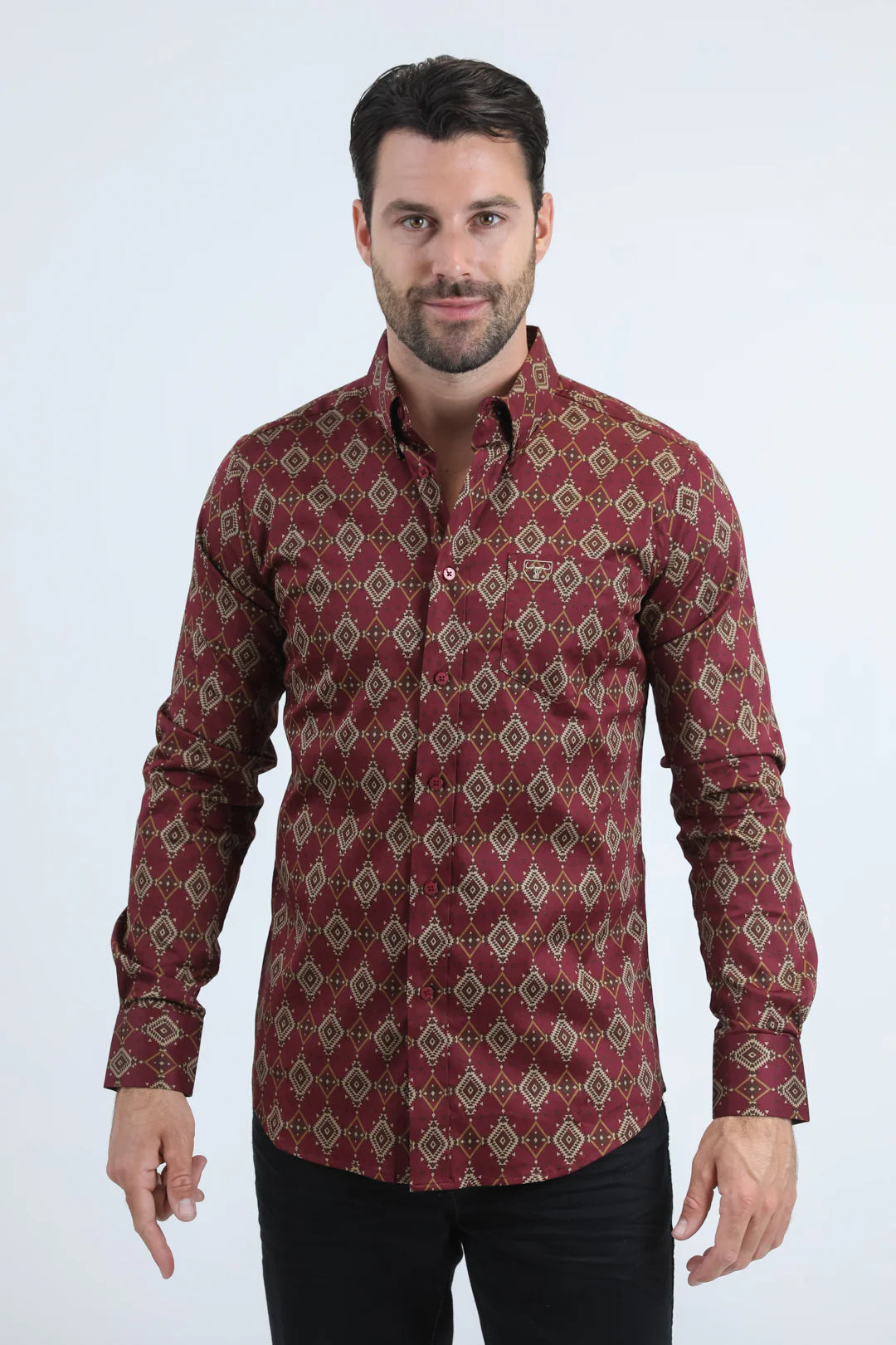 Platini Mens Satin Cotton/Spandex Modern Fit LS Burgundy Shirt CWL11063