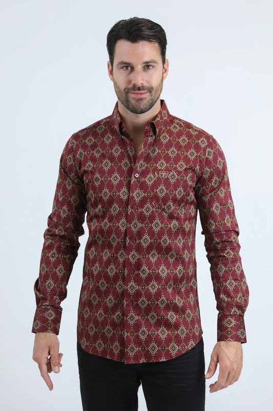 Platini Mens Satin Cotton/Spandex Modern Fit LS Burgundy Shirt CWL11063