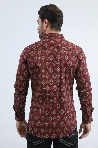 Platini Mens Satin Cotton/Spandex Modern Fit LS Burgundy Shirt CWL11063