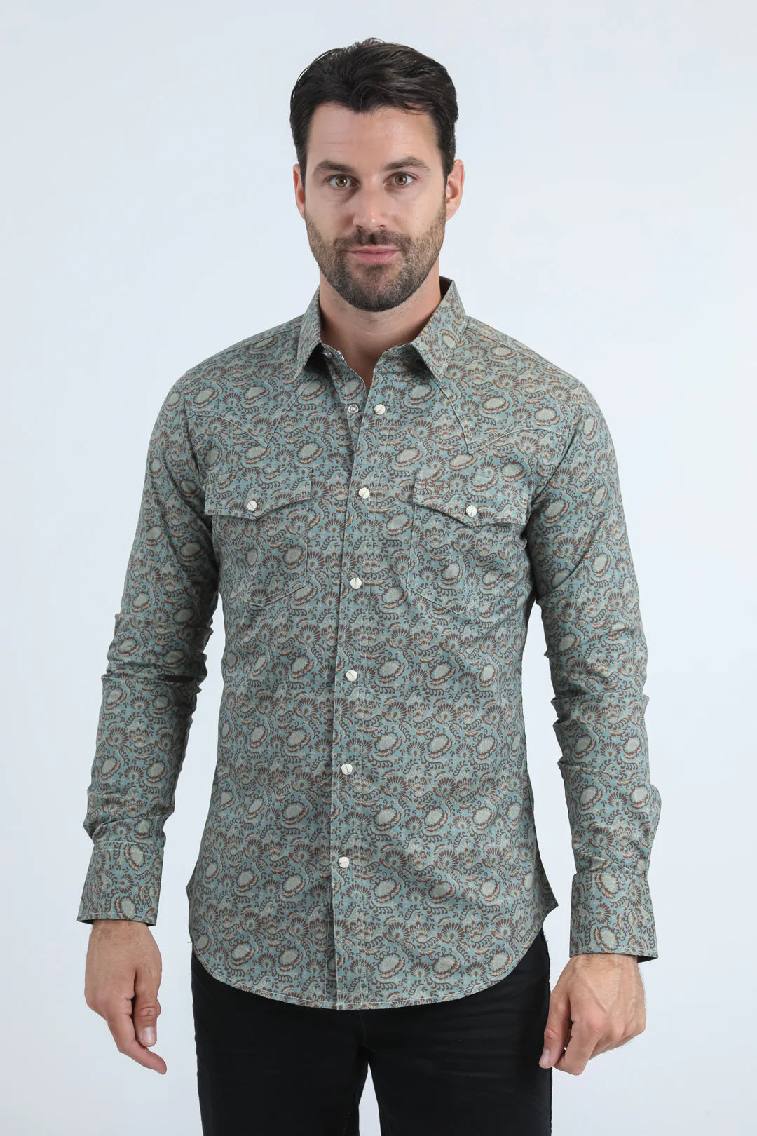 Platini Mens Western Modern Fit LS Blue Shirt with Snaps WPL11161