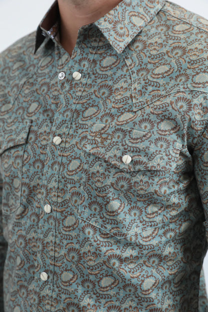 Platini Mens Western Modern Fit LS Blue Shirt with Snaps WPL11161