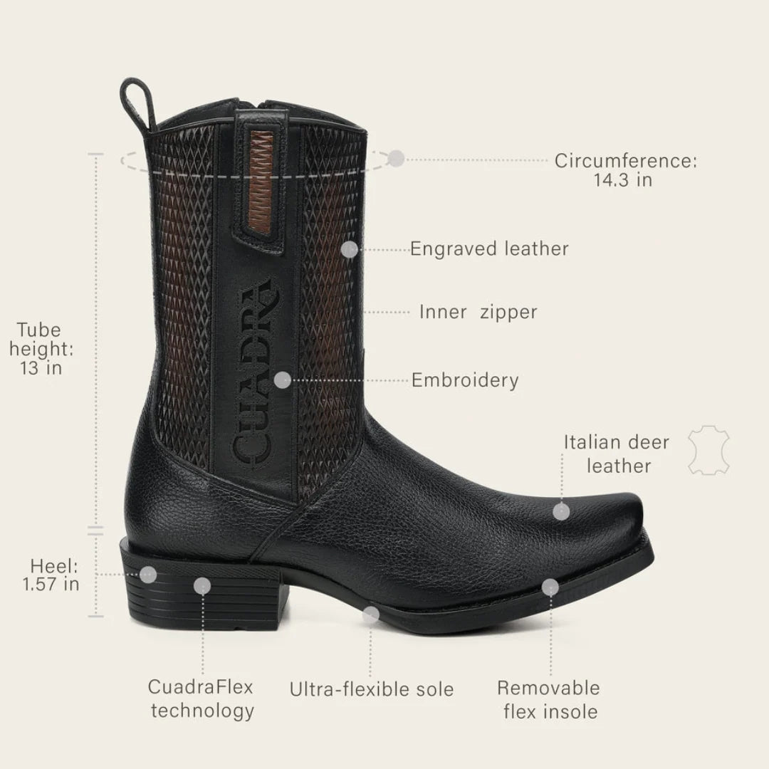 Cuadra Men's Black Deer & Bovine Leather Narrow Square Toe Dubai Boot CC297