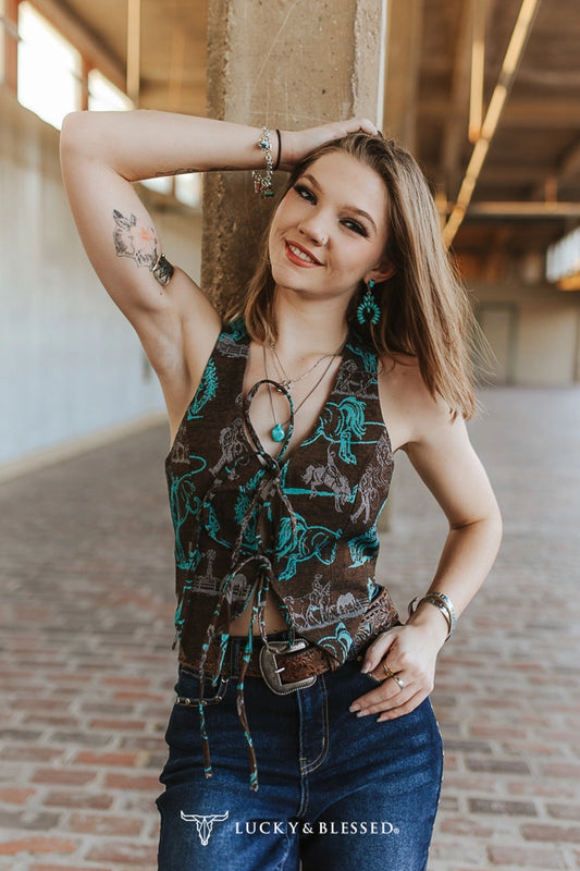 Lucky & Blessed Brown Horse Jacquard Front Lace Up Tie Top V2024-BRWHRS