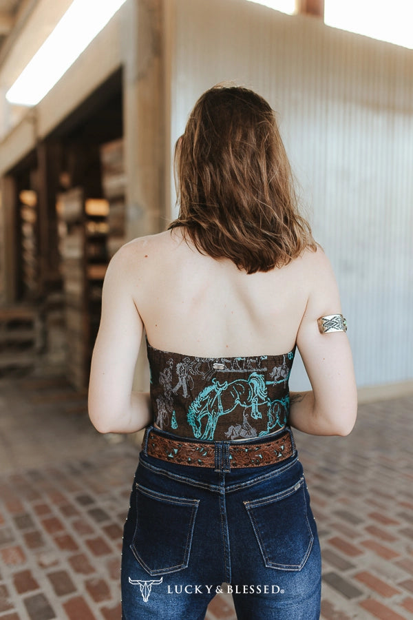 Lucky & Blessed Brown Horse Jacquard Front Lace Up Tie Top V2024-BRWHRS