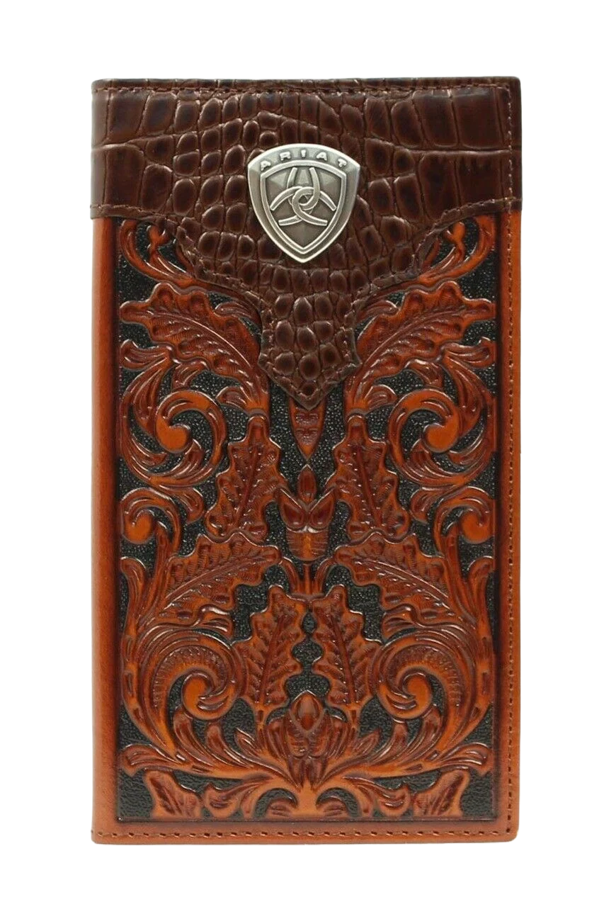 Ariat Western Rodeo Checkbook Wallet Oak Embossed Faux Gator Print A3516208
