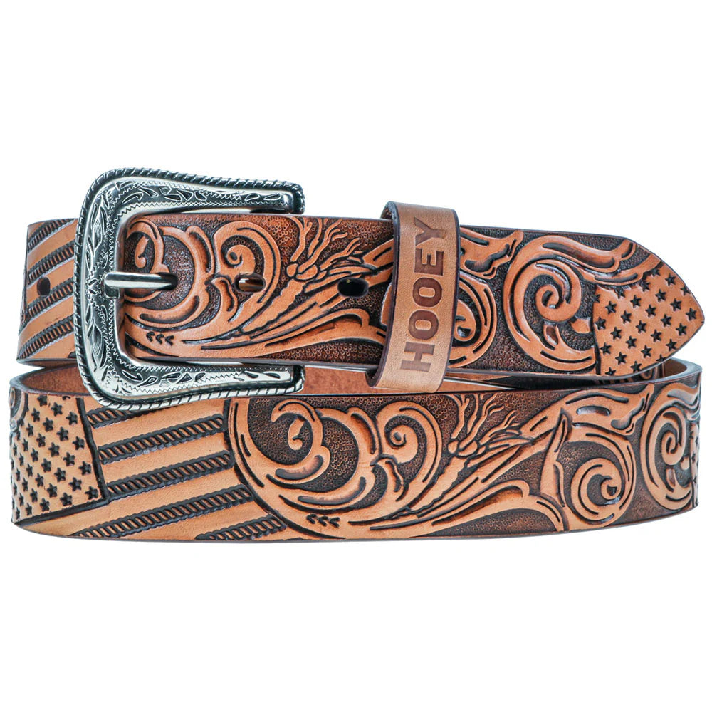HOOEY "LIBERTY ROPER" FILIGREE TAN LEATHER BELT