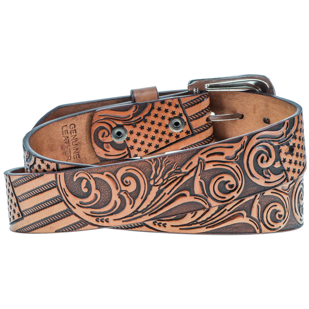 HOOEY "LIBERTY ROPER" FILIGREE TAN LEATHER BELT