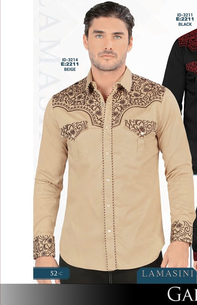 Lamasini Embroidered Men’s LS Snap Shirt Beige LV2211