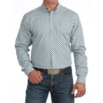 Cinch Mens Modern Print Light Blue Button Down Shirt MTW1347166