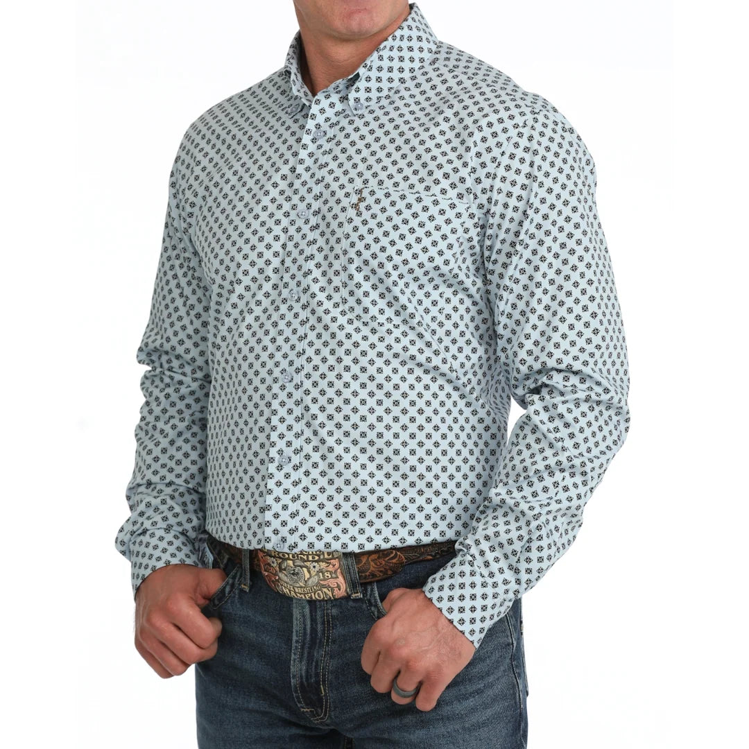 Cinch Mens Modern Print Light Blue Button Down Shirt MTW1347166