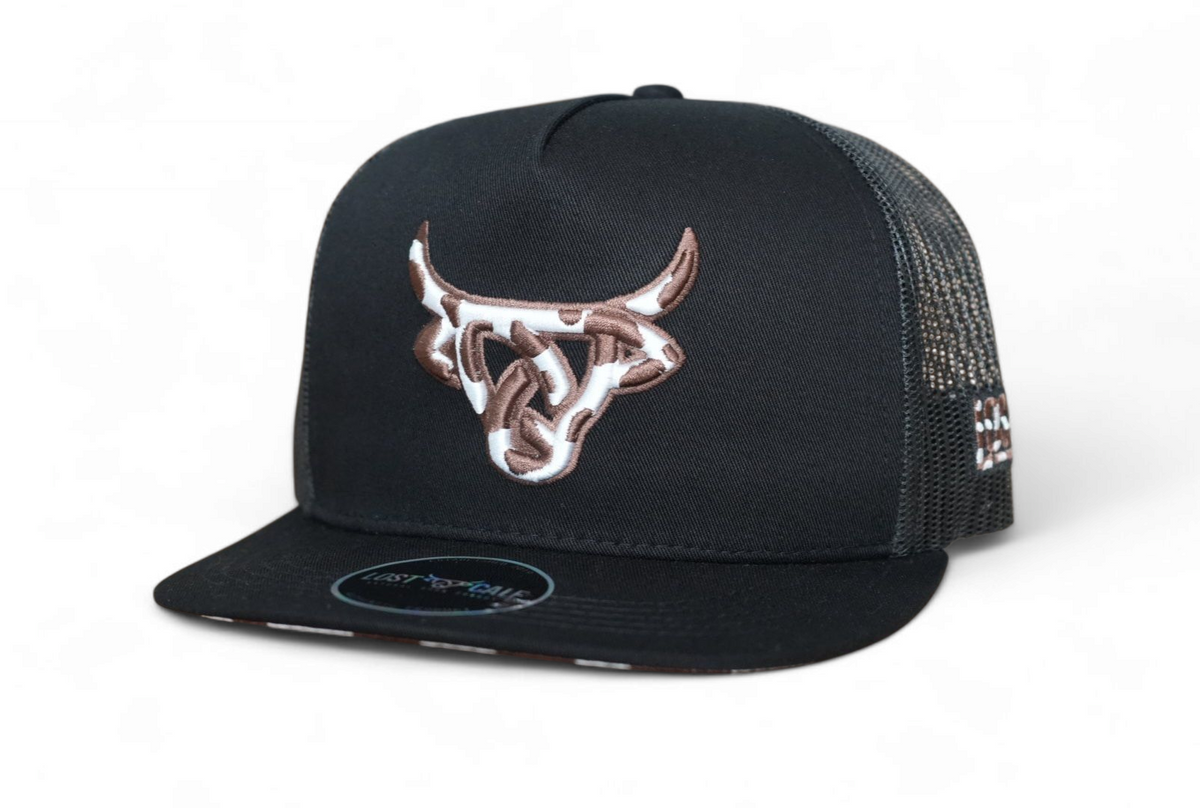 Lost Calf Men’s cowhide Black Brown Cow Print Flat Bill Trucker Cap