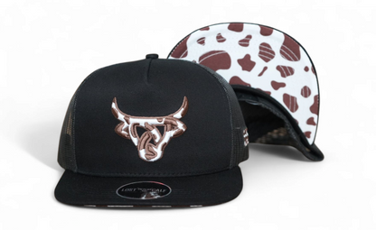 Lost Calf Men’s cowhide Black Brown Cow Print Flat Bill Trucker Cap