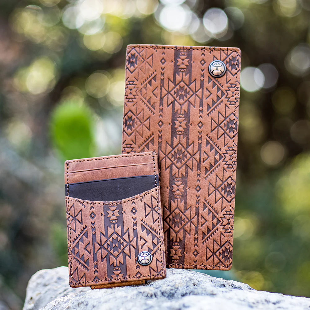 HOOEY "MONTEREY" RODEO WALLET BROWN W/ AZTEC EMBOSSED PRINT