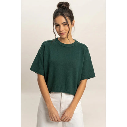 Double Zero Women’s Seam Detail Short Sleeve Knit Dark Green Top DZ26A827