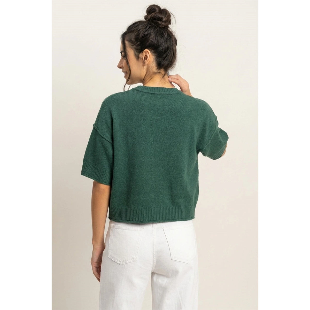 Double Zero Women’s Seam Detail Short Sleeve Knit Dark Green Top DZ26A827