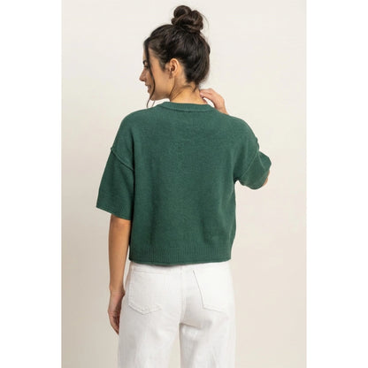 Double Zero Women’s Seam Detail Short Sleeve Knit Dark Green Top DZ26A827