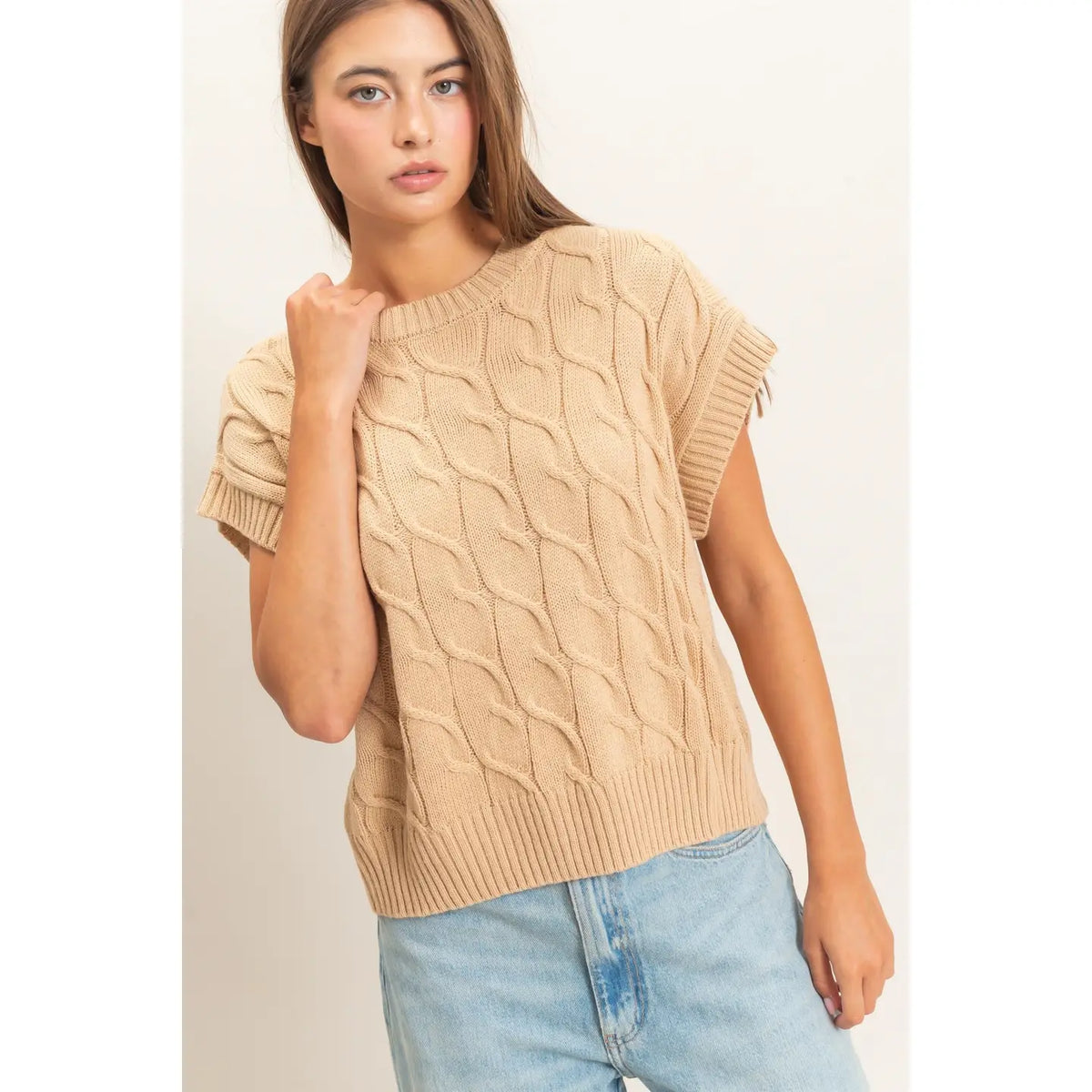 Double Zero Cable Knit Cap Sleeve Taupe Sweater DZ26C974