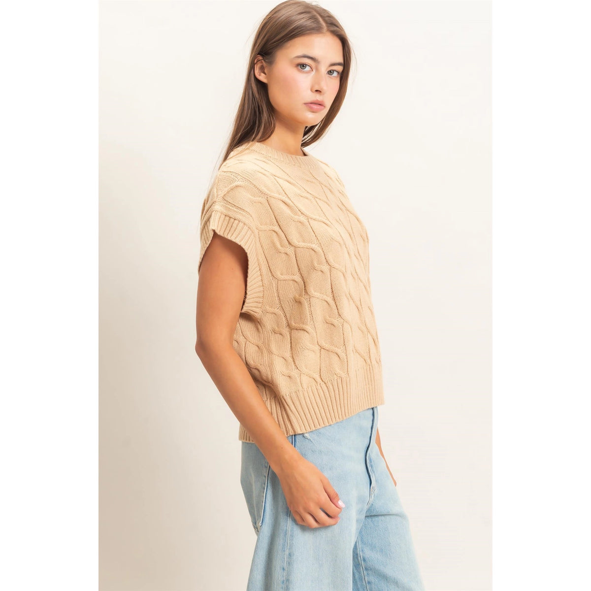 Double Zero Cable Knit Cap Sleeve Taupe Sweater DZ26C974