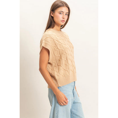 Double Zero Cable Knit Cap Sleeve Taupe Sweater DZ26C974
